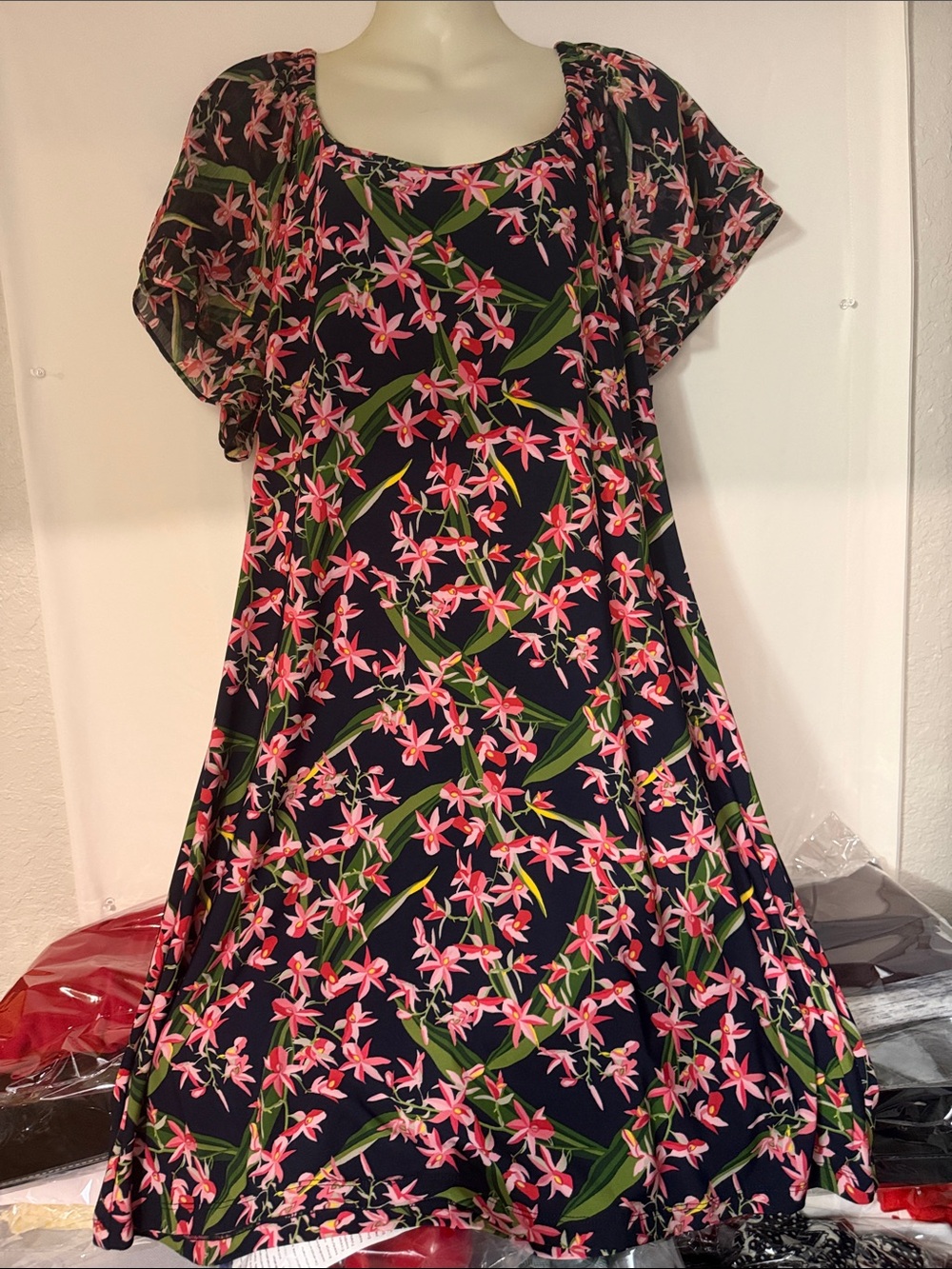 Tommy Hilfiger Navy Midi Dress with Pink Floral Print
